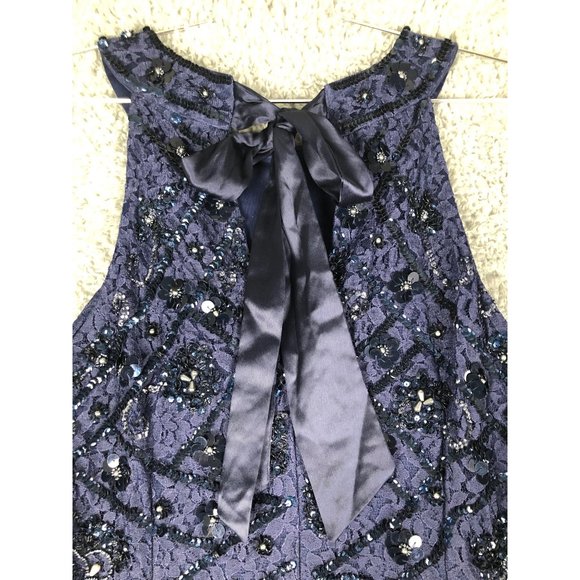ADRIANNA PAPELL BEADED HALTER GOWN LIGHT NAVY Sz 14 - Picture 4 of 16